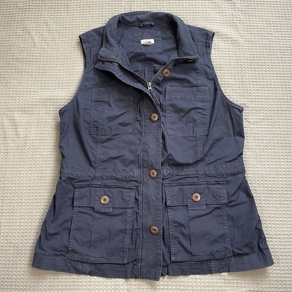 LL Bean Utility Vest Medium Womens Navy Blue Full Zip Cotton Stretch